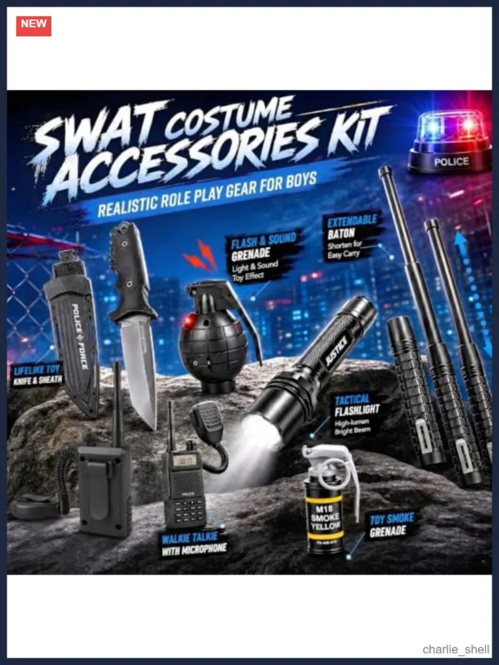 Kids SWAT Police Costume 10-Piece Cop Dress Up Set Halloween Pretend Play
